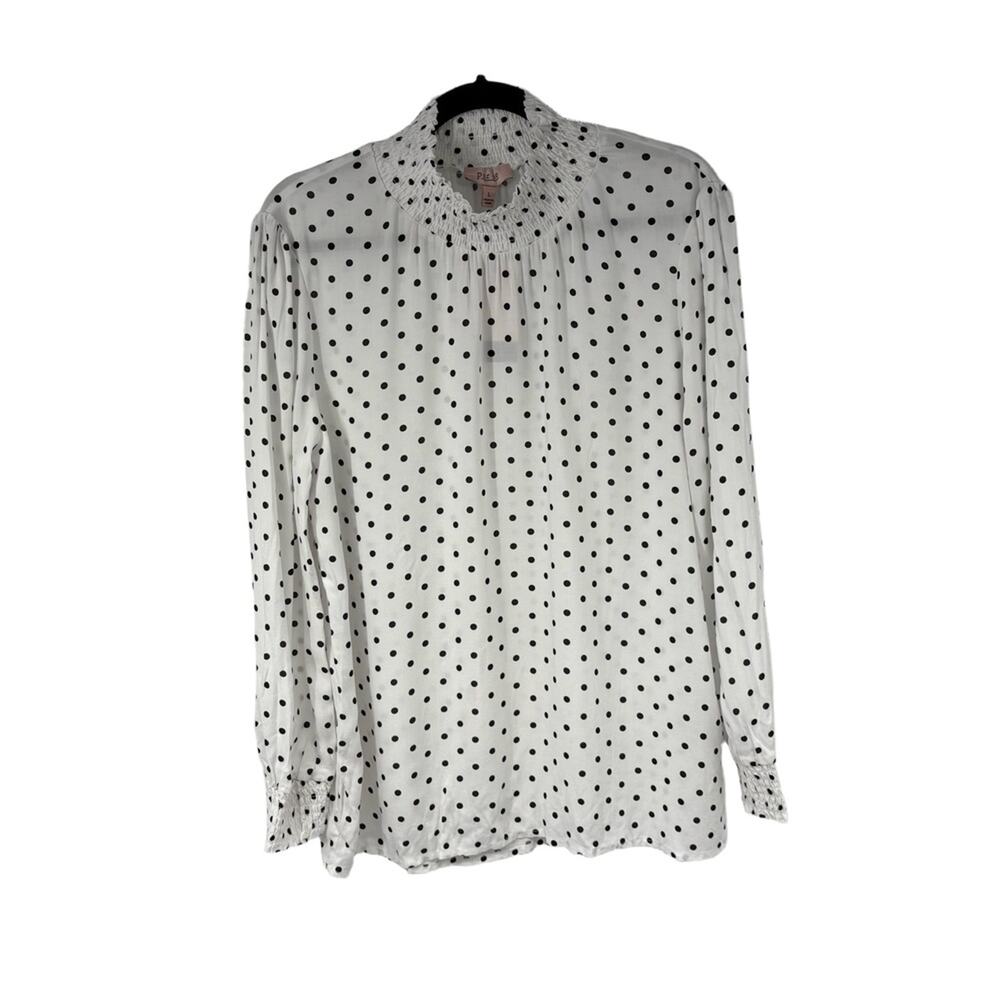 NWT Per Se Blouse Womens L White Black Polka Dot Smocked Neck‎ Long Sleeve